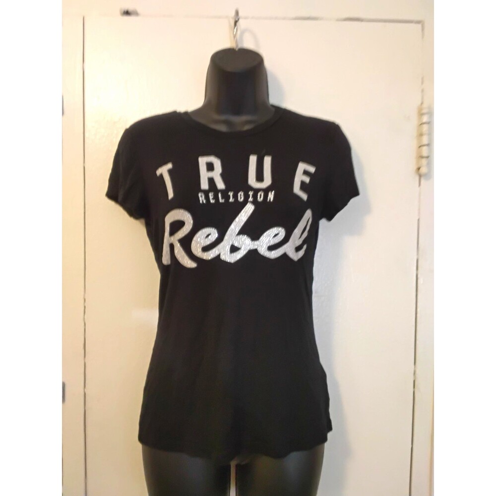 True religion women's black Glitter studded shirt size smile embellished studded